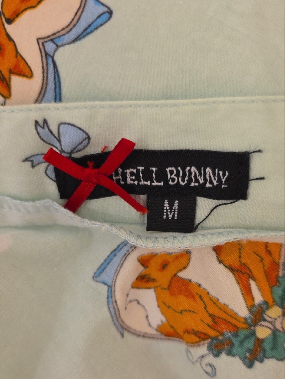 Hell Bunny Mint Green Fox Print Circle Skirt with Blue Heart Pockets - Picture 3 of 3